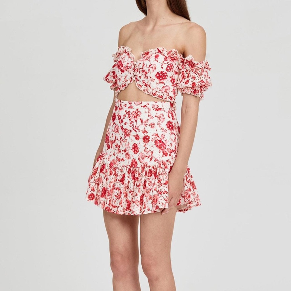 SIGNIFICANT OTHER Winnie Crop Top Women 4 Pink Floral Eyelet Puff Sleeve Ruffle
